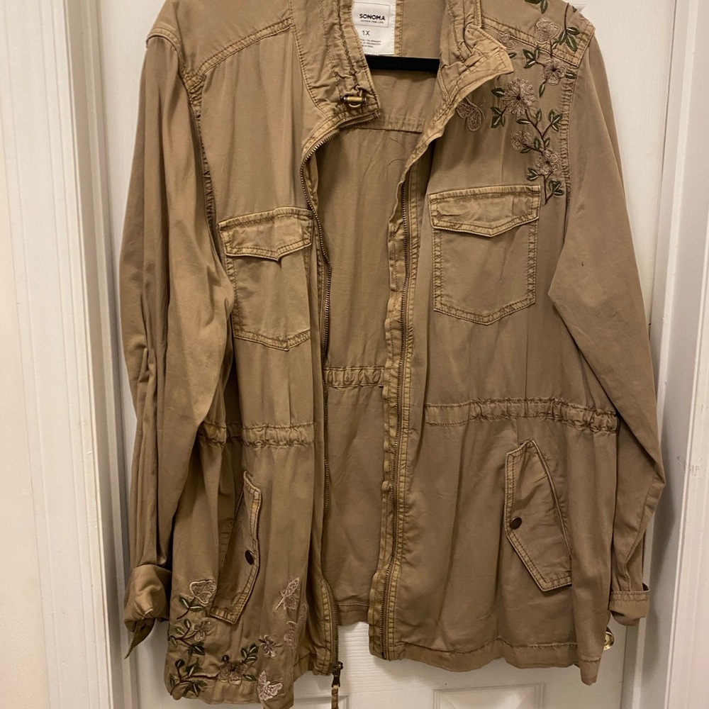 JACKET-tan/olive gathered waist string,embroidered